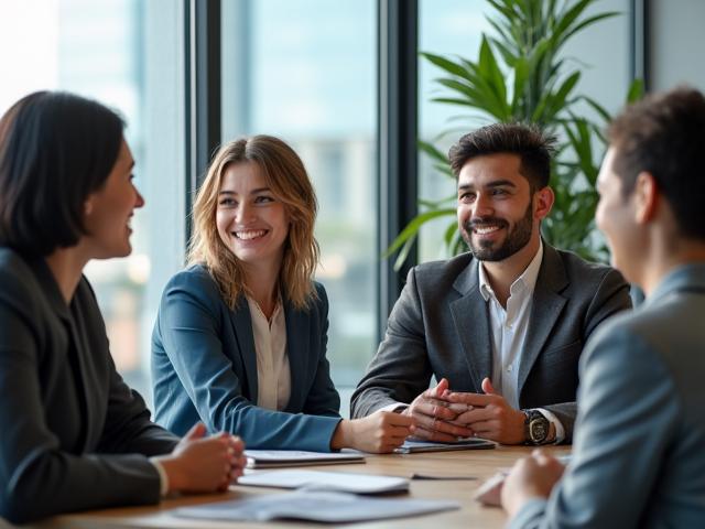 Miembros del equipo de Mugen Cars sonriendo en una oficina moderna y luminosa