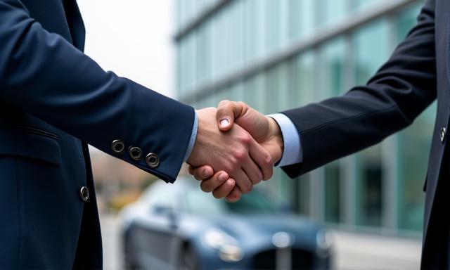 Ejecutivo cerrando un trato frente a un coche de lujo en un entorno urbano.