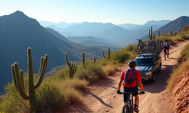 Ciclista en ruta de montaña con paisaje mexicano de fondo y coche de apoyo.