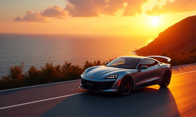 Coche moderno conduciendo por una carretera costera al atardecer.