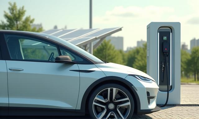 Coche eléctrico enchufándose en una estación de carga con paneles solares en el fondo.